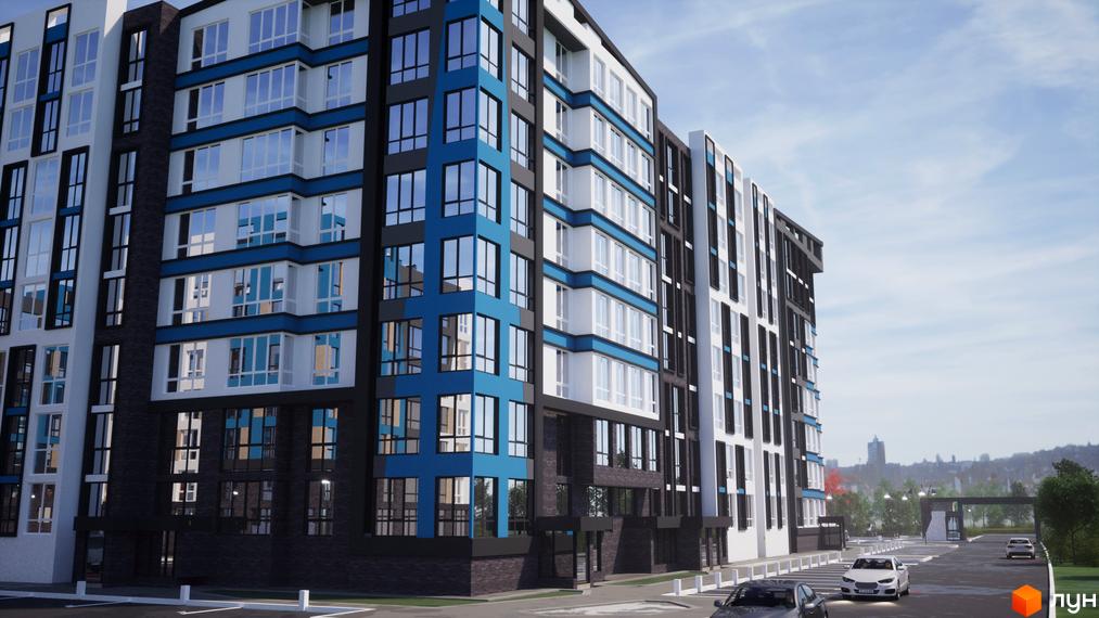 Зображення фасаду житлового комплексу One Family. Багатоповерховий будинок з великими вікнами та прибудинковою територією.