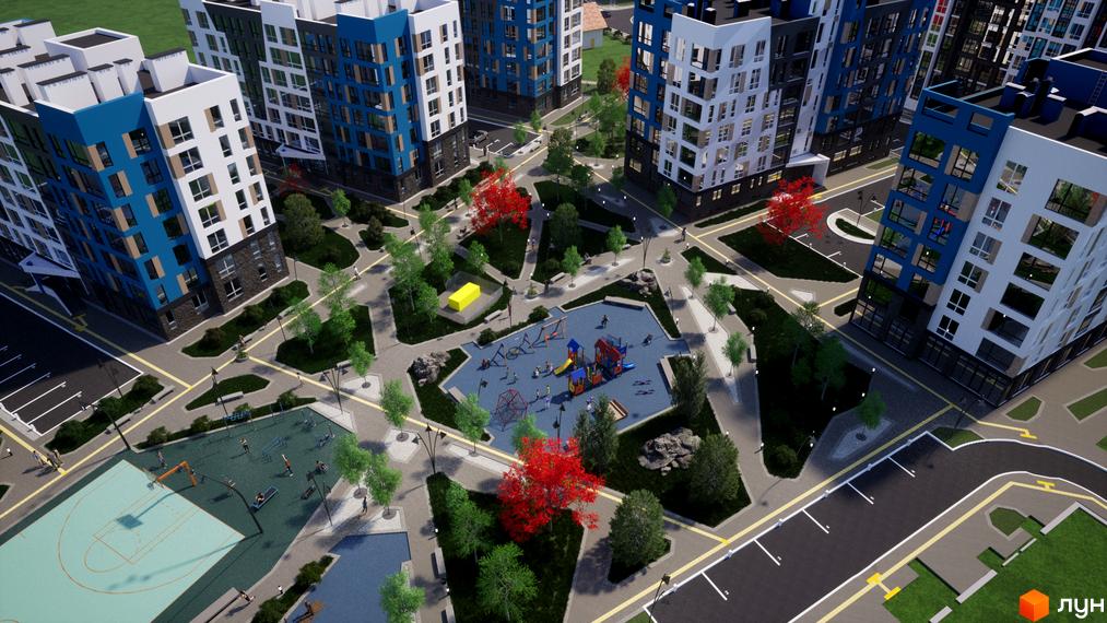 Зображення Житлового комплексу One Family з багатоповерховими будинками та дитячим майданчиком у дворі.