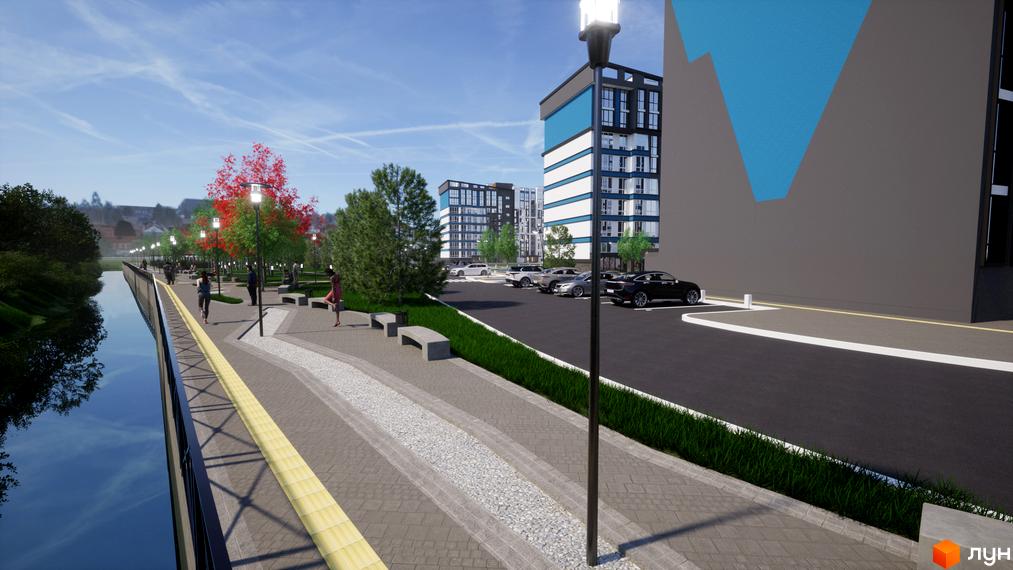 Зображення Житлового комплексу One Family з багатоповерховими будинками та облаштованою прибудинковою територією з паркінгом та тротуарами.