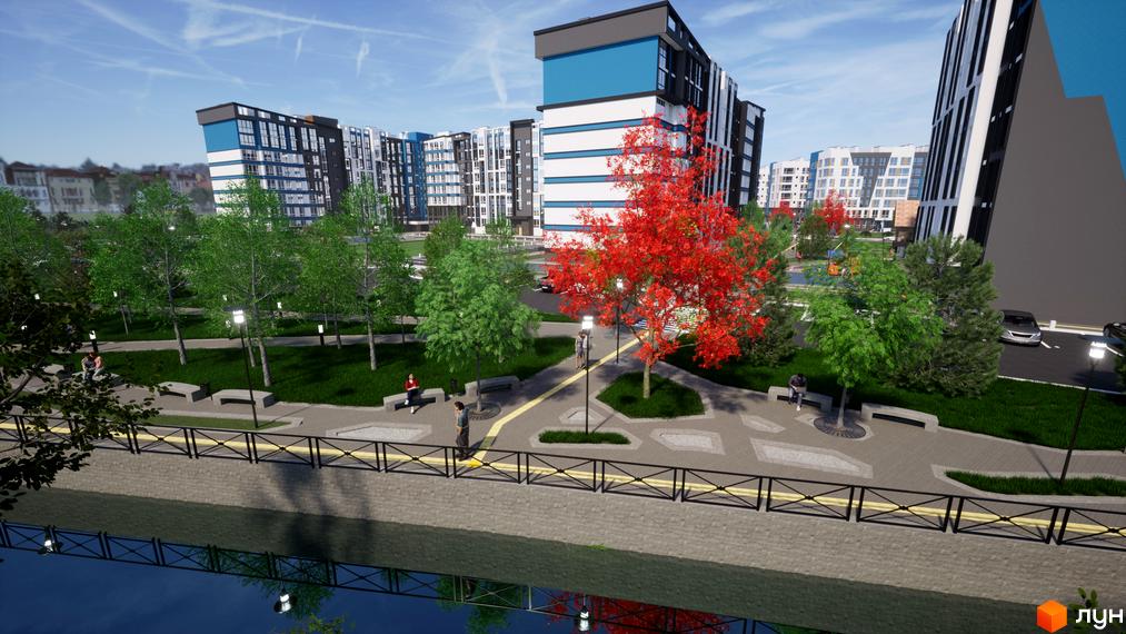 Будинки Житлового комплексу One Family мають сині, білі та темно-сірі фасади. Прибудинкова територія з деревами, доріжками та річкою.