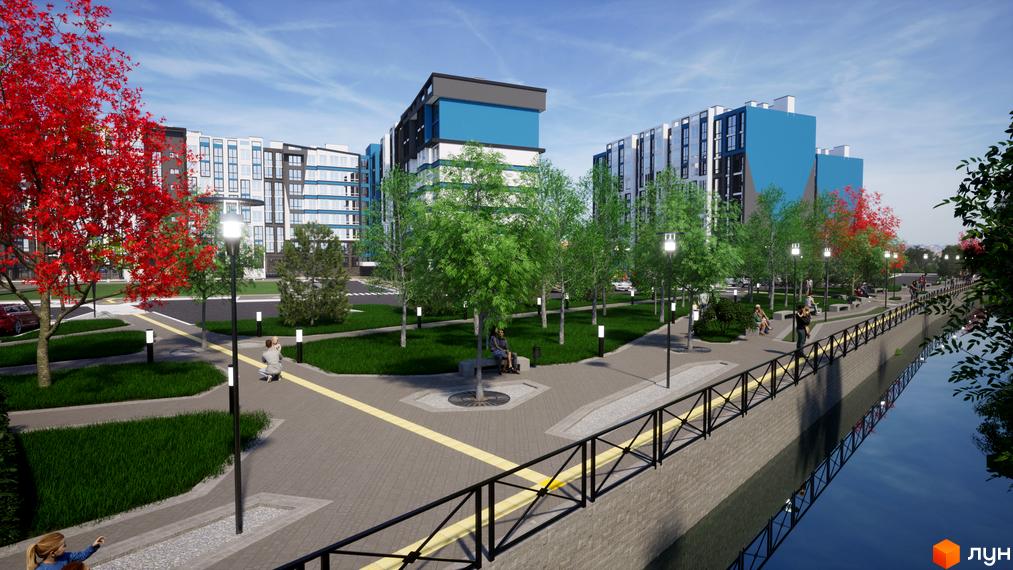 Житловий комплекс One Family з багатоповерховими будинками біло-синьо-чорних кольорів та облаштованою набережною з деревами, лавками та пішохідними доріжками.