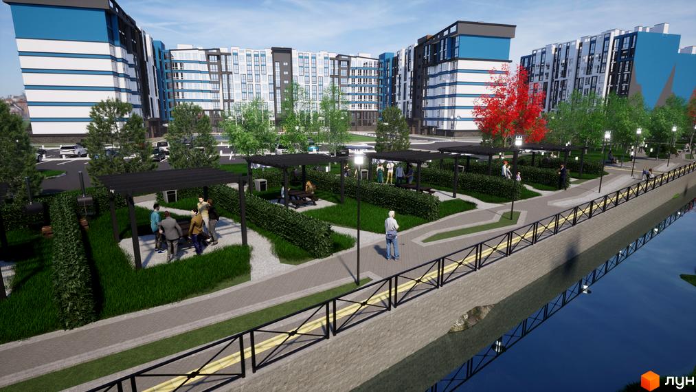 Зображення Житлового комплексу One Family з багатоповерховими будинками та облаштованою прибудинковою територією з місцями для відпочинку.