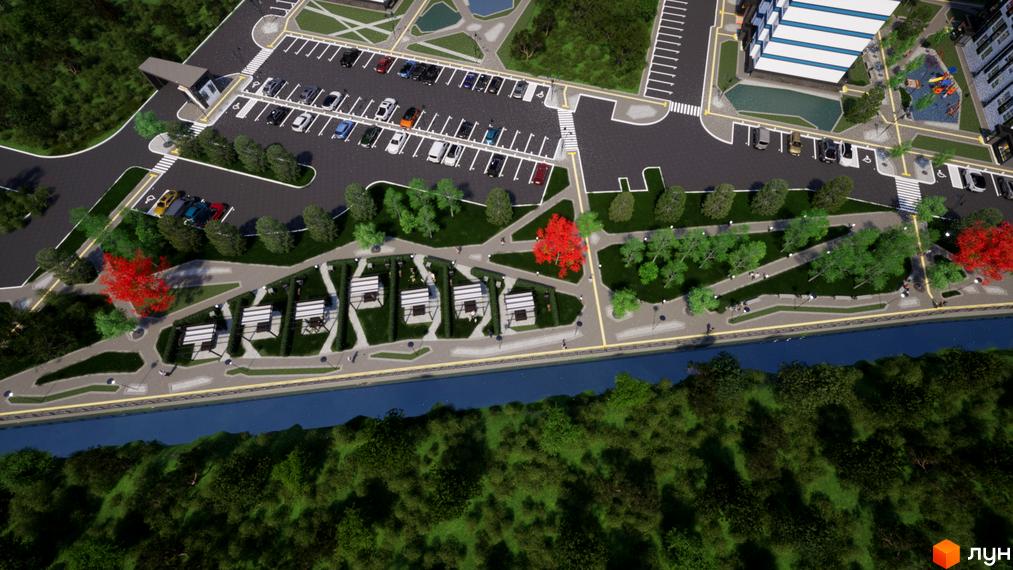 Візуалізація зверху Житлового комплексу One Family з паркінгом, зоною відпочинку та річкою поруч. На території багато дерев.