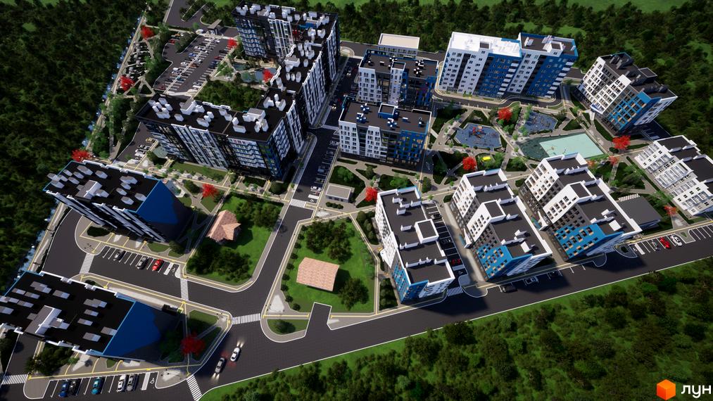 Зображення житлового комплексу One Family з висоти пташиного польоту. Видно багатоповерхові будинки та зелену прибудинкову територію.