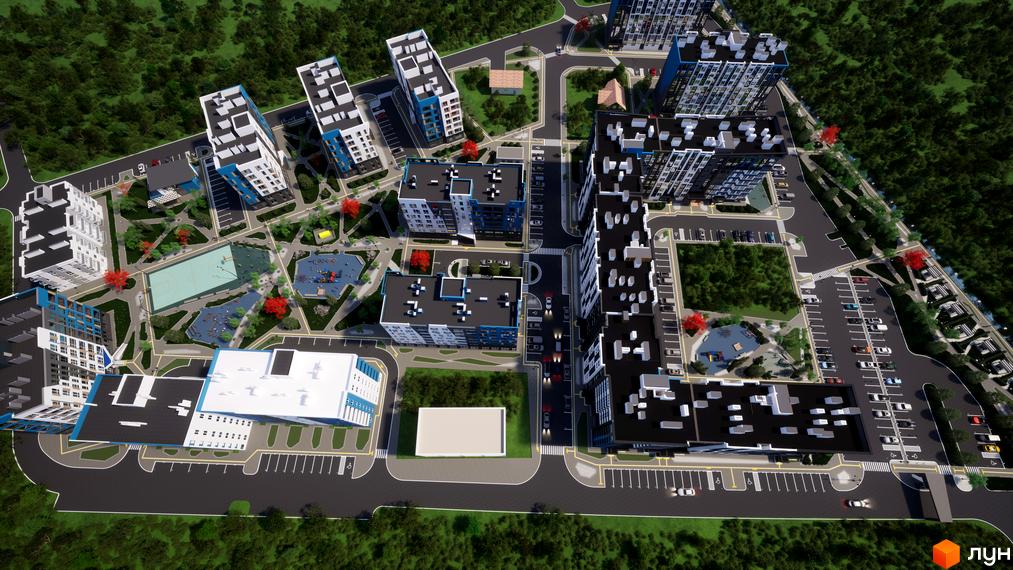 Зображення ЖК One Family з висоти пташиного польоту, де видно багатоповерхові будинки та прибудинкову територію з дитячими майданчиками.