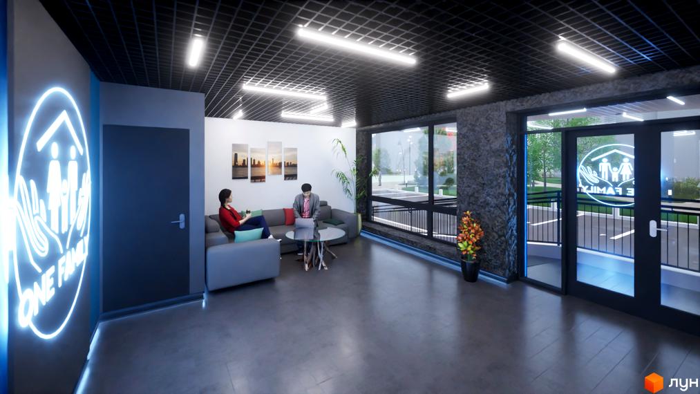 Інтер'єр зони відпочинку у Житловому комплексі One Family з диванами та видом на парковку через скляні двері.