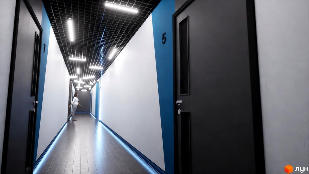 Коридор Житлового комплексу One Family з темними дверима, білими стінами та синіми елементами. Стеля з лінійним освітленням та підлога з підсвіткою.