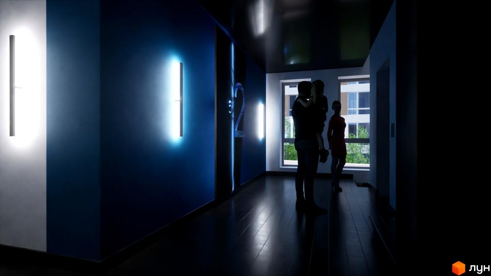 Інтер'єрний коридор Житлового комплексу One Family з яскравими вертикальними світильниками. З вікна видно інші будівлі та зелені дерева.