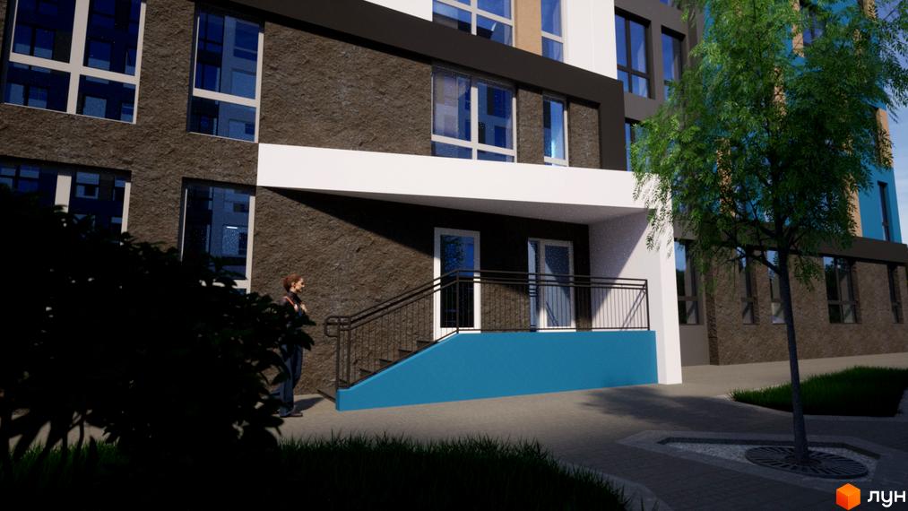 Зображення фасаду будинку в Житловому районі One Family з вхідною групою та прилеглою територією з зеленими насадженнями.