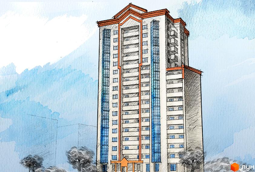 Житловий комплекс на вул. Тополина, 7а, з висотним будинком та прибудинковою територією з зеленими насадженнями.