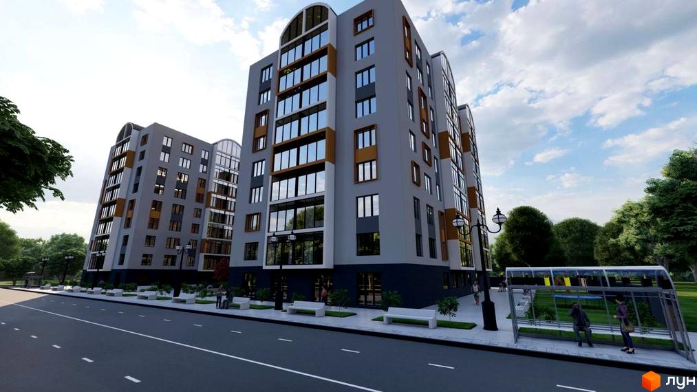 Житловий комплекс City Bud з сірими фасадами, великими вікнами та арковими завершеннями. Перед будинками дорога, тротуар з лавками та зупинка.