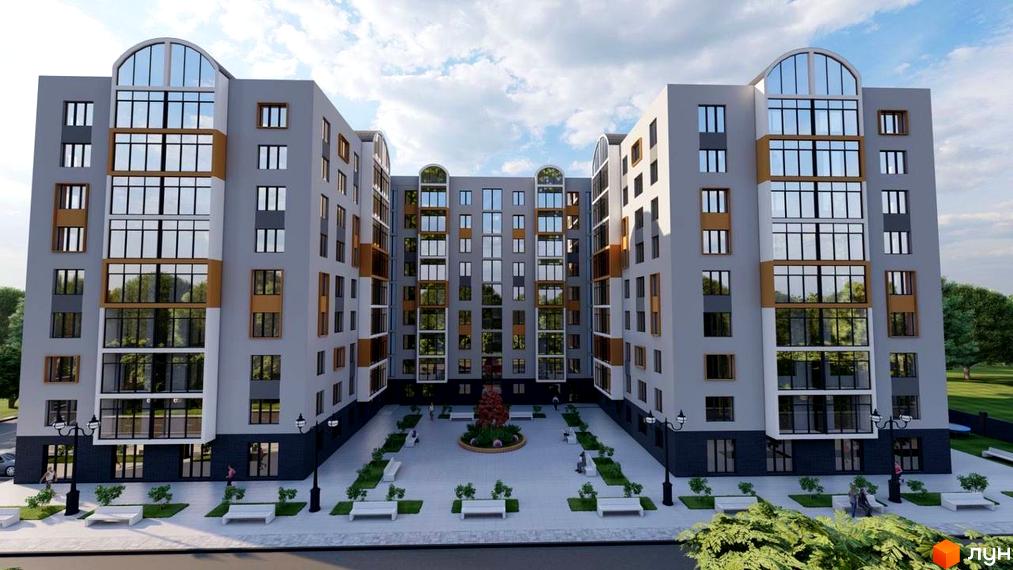 Житловий комплекс City Bud: світло-сірий будинок з великими вікнами, коричневими вставками та внутрішнім двором з лавками й зеленню.