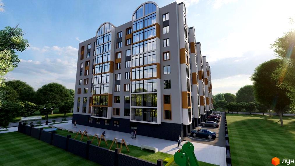 Житловий комплекс City Bud з сірим фасадом, великими вікнами та арковими елементами на верхніх поверхах. Навколо будинку зелені газони, дитячий майданчик та парковка.