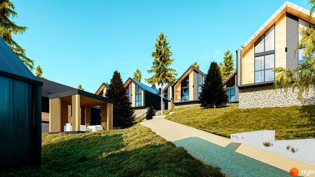 Котеджне містечко Gutenberg: сучасні будинки з дерев'яними та кам'яними фасадами на схилі пагорба, оточені ялинами. Дорога веде до будинків, навколо зелена трава.