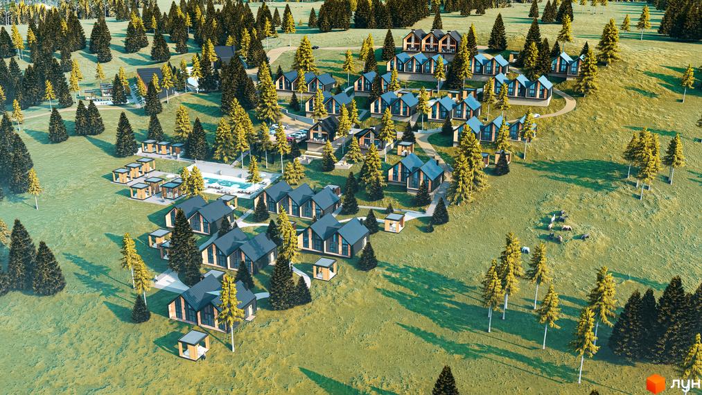 Котеджне містечко Gutenberg: сучасні будинки з панорамними вікнами та зоною відпочинку з басейном на тлі лісу.