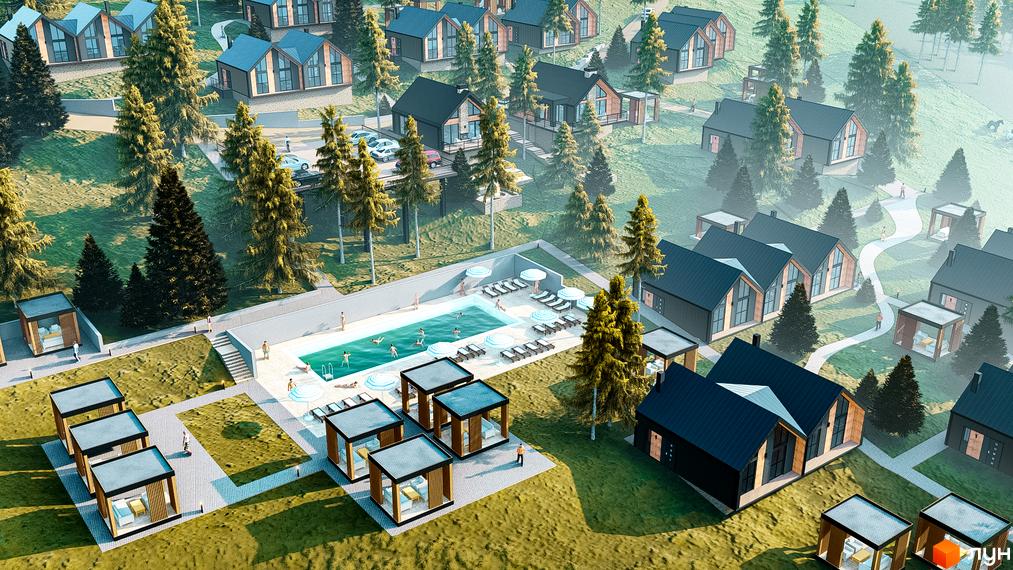 Котеджне містечко КМ Gutenberg з басейном та зонами відпочинку. Сучасні будиночки з панорамними вікнами розташовані серед соснового лісу.