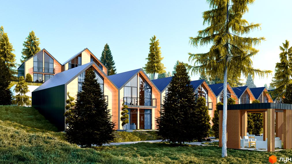 Котеджне містечко Gutenberg - це сучасна архітектура з дерев'яними фасадами та синіми дахами, розташована серед високих сосен. На території комплексу є затишна зона відпочинку з альтанкою.