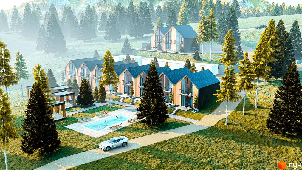 Котеджне містечко Gutenberg: сучасні будинки з панорамними вікнами та басейном на тлі гірського пейзажу. На території комплексу розташовані зелені зони та зони відпочинку.