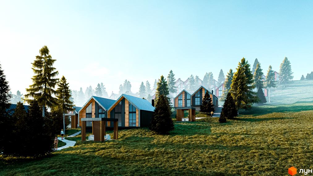 Котеджне містечко КМ Gutenberg: сучасні будинки з великими вікнами на тлі гірського пейзажу та зеленої галявини.
