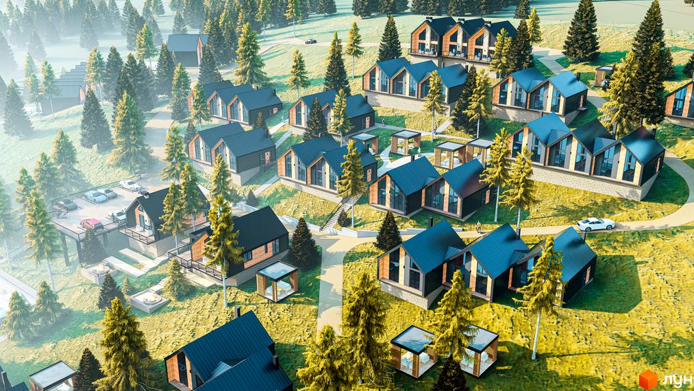 Котеджне містечко КМ Gutenberg - це комплекс будинків з темними дахами та дерев'яними фасадами, розташований серед хвойних дерев на схилі пагорба.