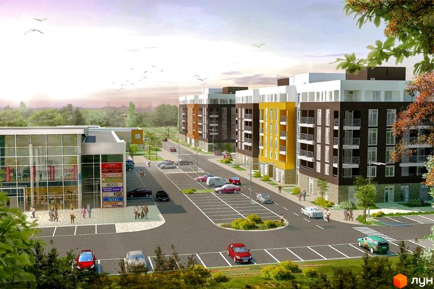 Зовнішній вигляд житлового комплексу Столичний з фасадами різних кольорів та парковкою. Навколо комплексу розташовані зелені насадження та дерева.