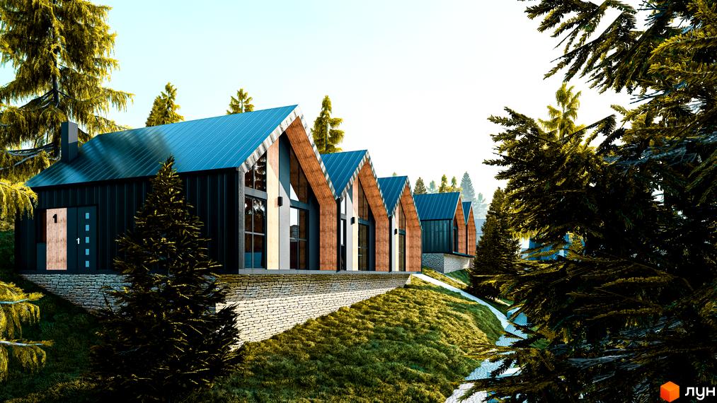 Котеджне містечко КМ Gutenberg: сучасні будинки з темними фасадами та блакитними дахами, розташовані на схилі серед дерев. Прибудинкова територія з травою та стежкою.