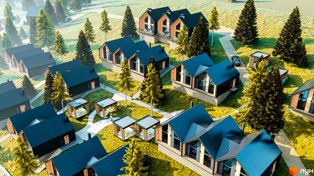 Котеджне містечко КМ Gutenberg: сучасні будинки з темними дахами та дерев'яними елементами на фоні зеленої території з деревами.