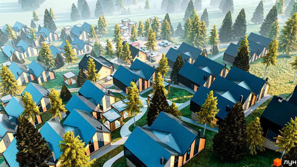 Котеджне містечко Gutenberg: сучасні будинки з синіми дахами та дерев'яними елементами на тлі зеленої прибудинкової території та хвойних дерев.