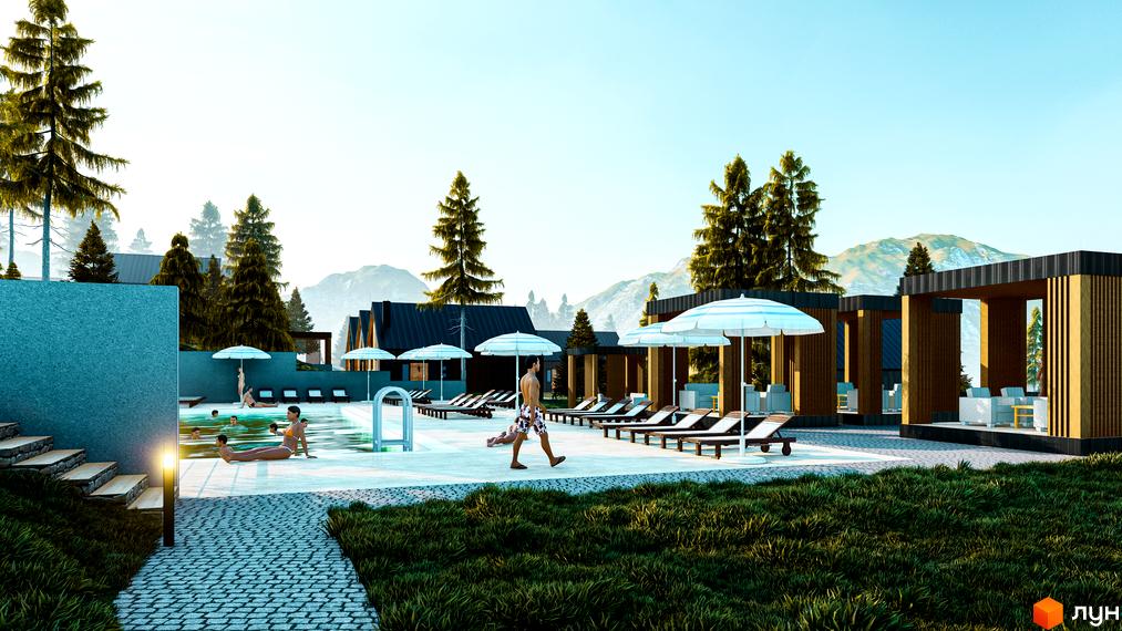 Котеджне містечко КМ Gutenberg: сучасний дизайн будинків та зона відпочинку біля басейну з шезлонгами та парасольками.