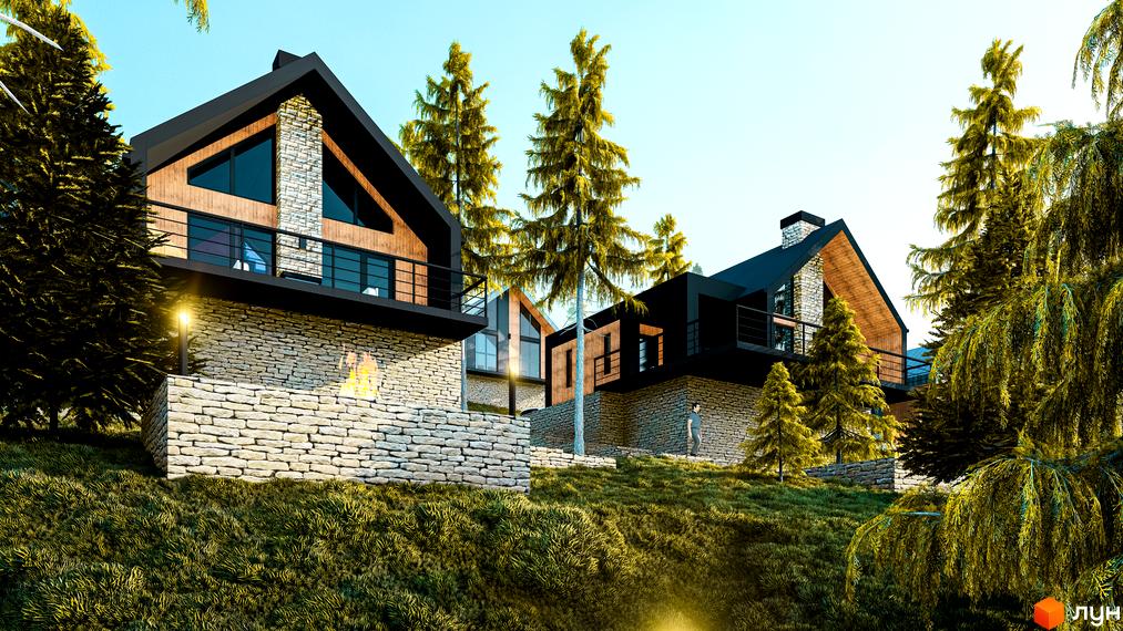 Котеджне містечко КМ Gutenberg: сучасні будинки з кам'яним оздобленням та дерев'яними елементами на схилі пагорба, оточені хвойними деревами.