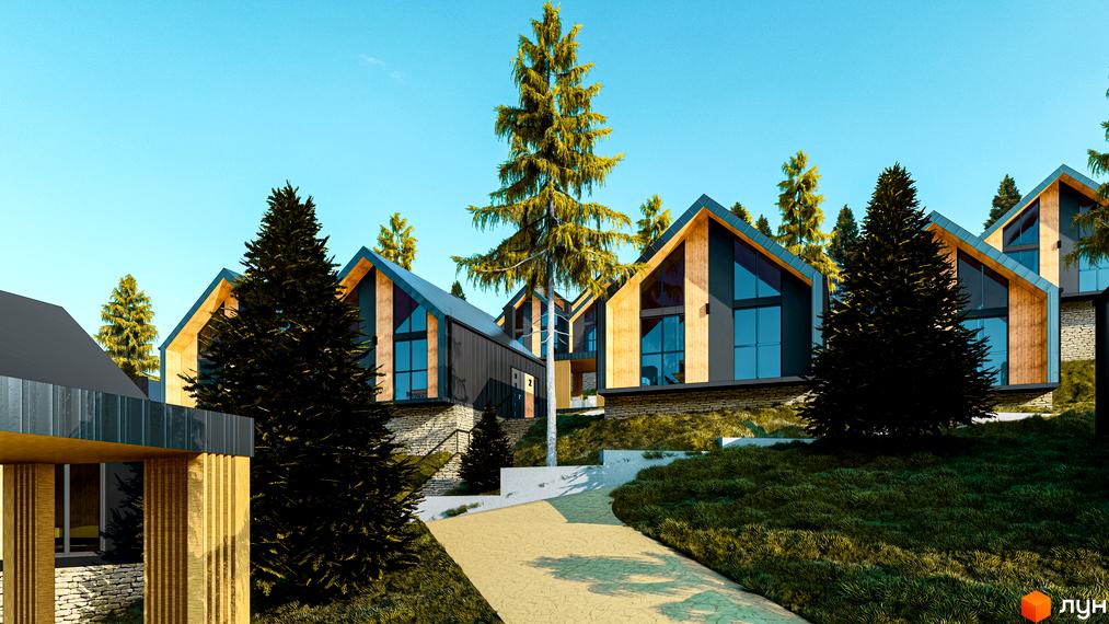 Котеджне містечко КМ Gutenberg: фасади будинків з дерева та скла, що оточені зеленими схилами та хвойними деревами.