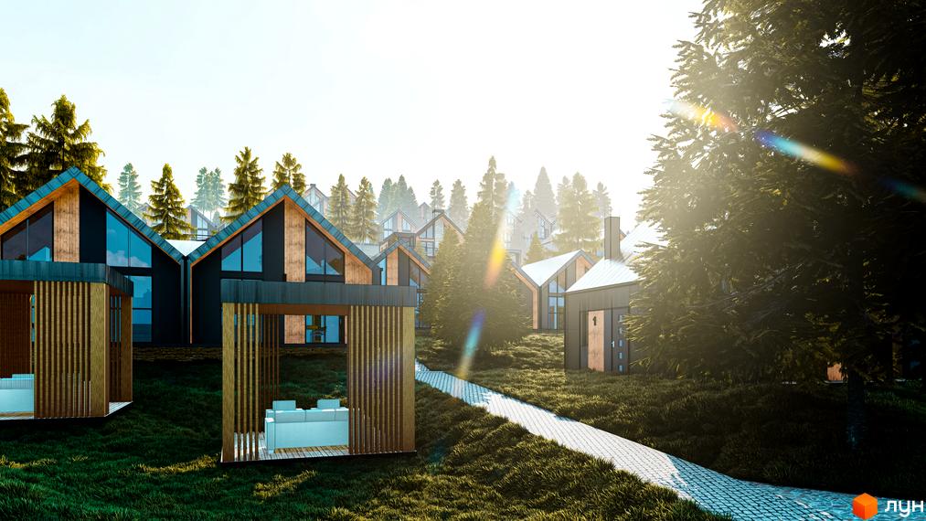 Котеджне містечко КМ Gutenberg: сучасні будинки з великими вікнами та дерев'яними елементами на тлі лісу. Територія комплексу вкрита зеленою травою та вимощена доріжками.