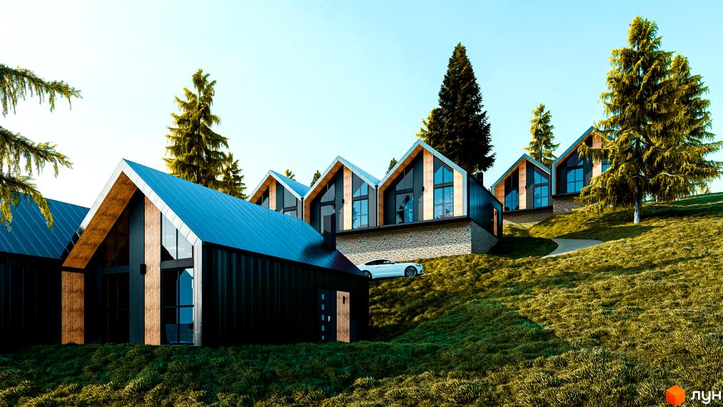 Котеджне містечко Gutenberg: сучасні будинки з панорамними вікнами на схилі пагорба, оточені зеленими деревами. Територія комплексу з доглянутим ландшафтом та доріжками.