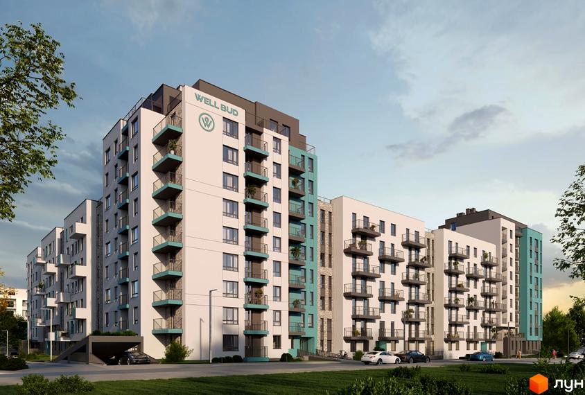 Багатоповерховий будинок Житловий комплекс Well Bud з балконами та терасами, зелена прибудинкова територія, парковка для автомобілів.