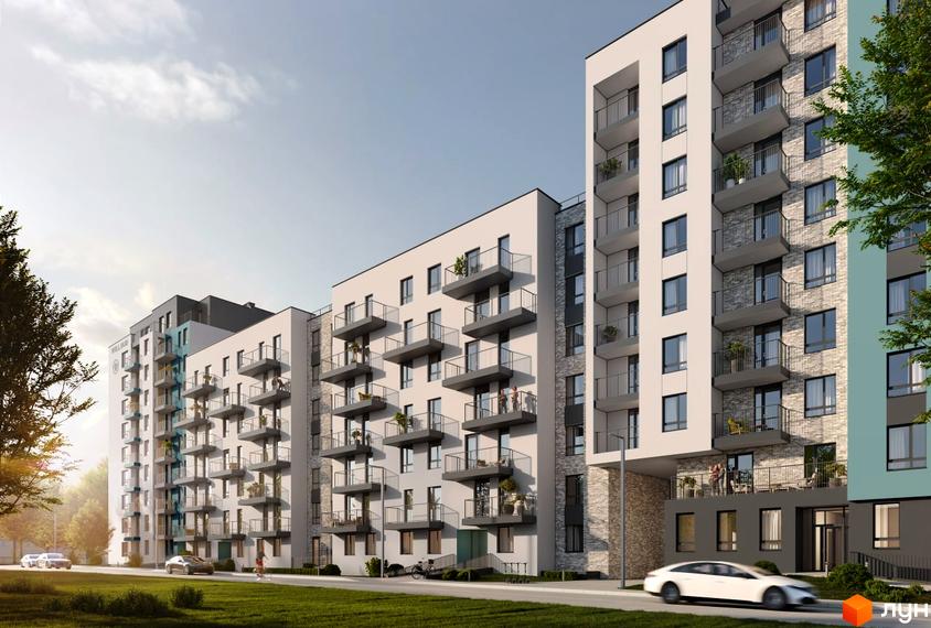 Багатоповерхові будинки Житлового комплексу Well Home з білими фасадами, сірими вставками та балконами. Навколо будинків зелений газон, дорога та дерева.