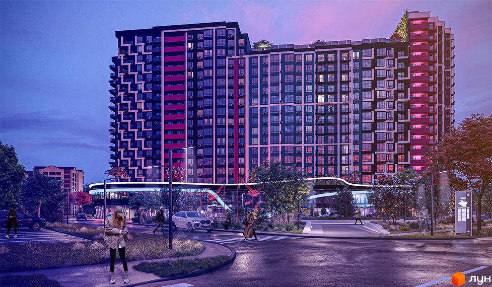 Житловий комплекс SKYGARDEN - це багатоповерхова будівля з балконами та скляними фасадами, розташована біля дороги з деревами та освітленням.