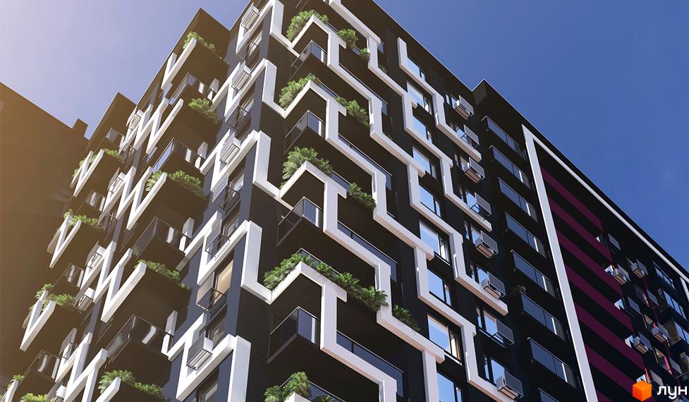 Сучасна новобудова ЖК SKYGARDEN з незвичайними балконами та зеленню. Зовнішній вигляд будівлі з виступаючими елементами та скляними фасадами.
