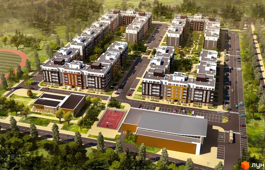 Житловий комплекс Столичний - вид зверху на будівлі з коричневими та жовтими фасадами, паркування та спортивні майданчики. Навколо комплексу зелені насадження та доріжки.