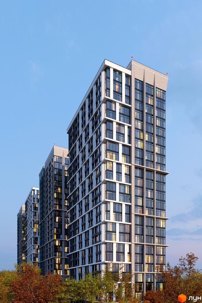 Зовнішній вигляд новобудови ЖК Central Hills з елементами сірих та білих фасадів, великими вікнами та зеленими деревами на передньому плані.