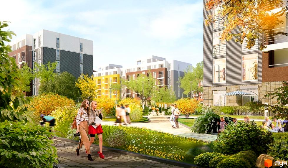 Житловий комплекс Столичний: фасади будівель з різнокольоровими елементами, балконами та великими вікнами. Прибудинкова територія з зеленими зонами, деревами та відпочиваючими людьми.