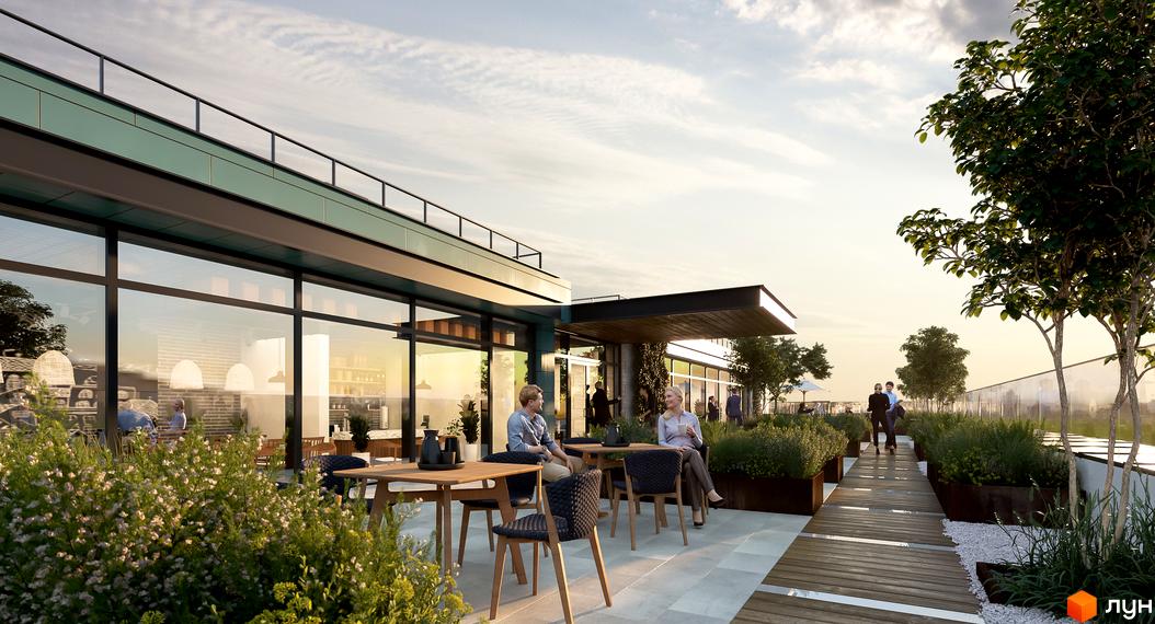 Житловий комплекс Central Hills: тераса з видом на місто, зелені зони та місця для відпочинку. Сучасна архітектура та комфортне просторування.