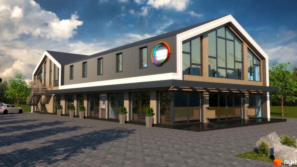 Зображення двоповерхової будівлі Котеджного містечка Lagom Village з великими вікнами та зеленими насадженнями навколо.