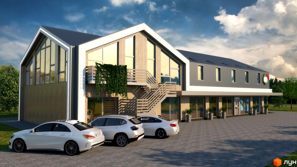 Зображення Котеджного містечка Lagom Village з фасадом будинку та припаркованими автомобілями. Навколо будинку облаштована територія.