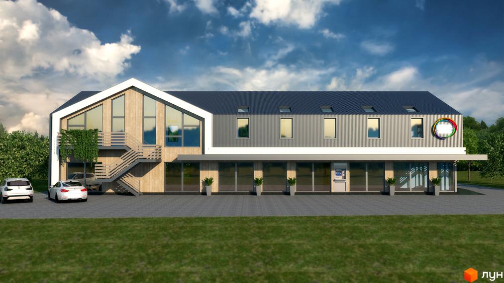 Зовнішній вигляд котеджного містечка КМ Lagom Village з дерев'яним фасадом та великими вікнами. Перед будинком розташовані автомобілі та зелена галявина.