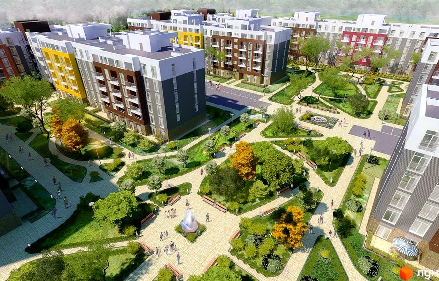 Житловий комплекс Столичний з різнокольоровими фасадами та доглянутою прибудинковою територією з алеями, лавками та зеленими зонами.