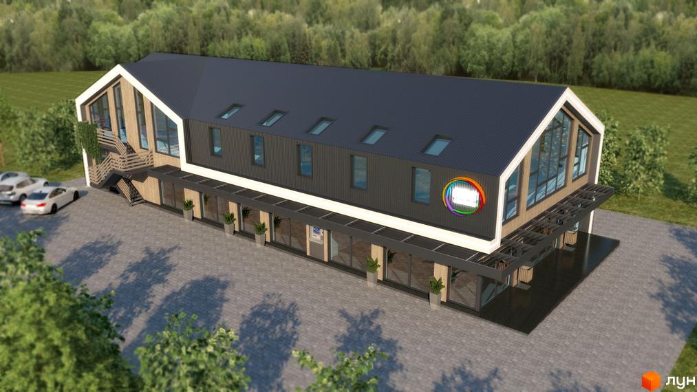 Зображення Котеджного містечка Lagom Village: двоповерхова будівля з великими вікнами та прилеглою територією з паркуванням та деревами.