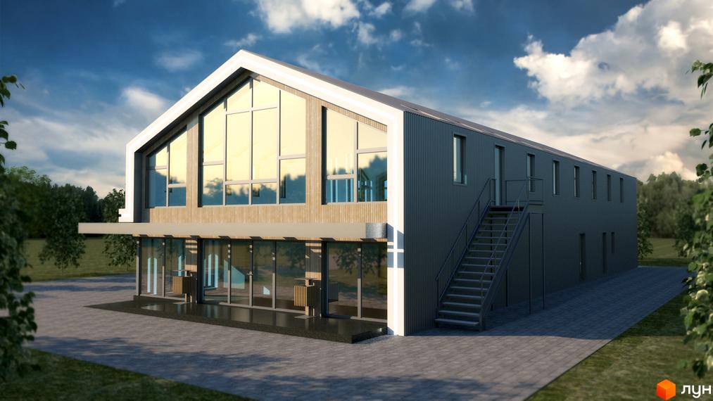 Зображення фасаду Котеджного містечка Lagom Village з великими вікнами та сходами. Навколо будинку зелені насадження та вимощена бруківкою територія.