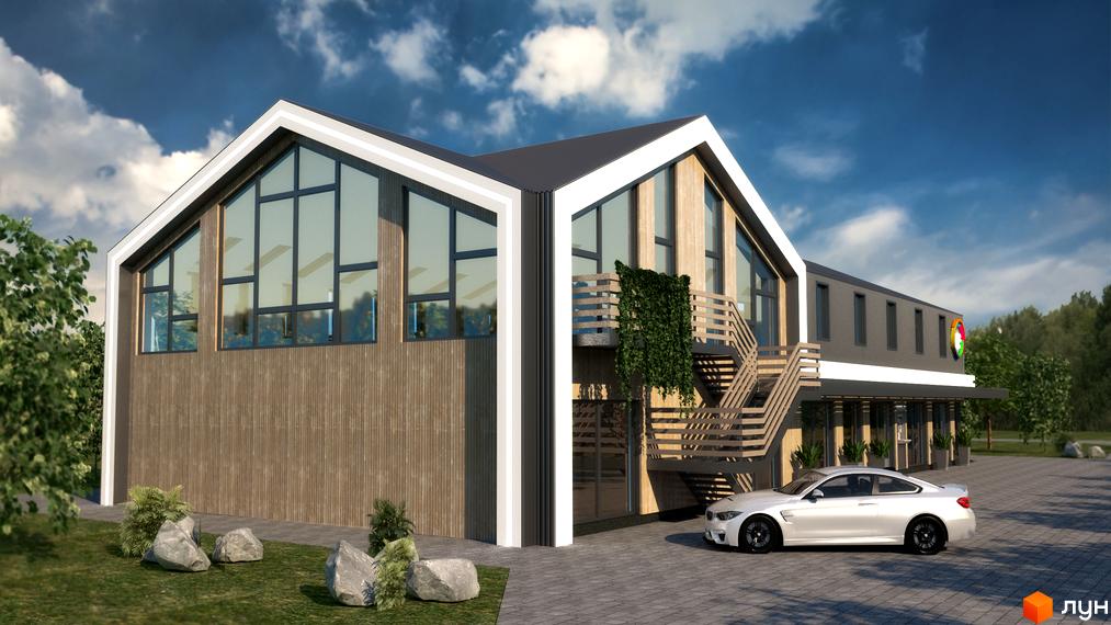 Зображення фасаду Котеджного містечка Lagom Village з великими вікнами та дерев'яним оздобленням. Навколо будинку зелений газон та парковка.