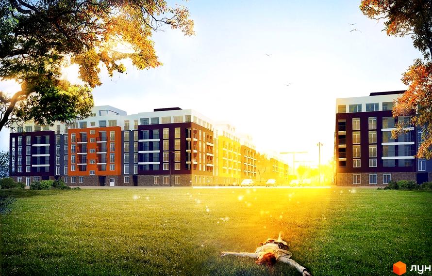 Житловий комплекс Столичний - фасади будинків у сірих, коричневих та помаранчевих тонах. Зелена галявина з людиною, що лежить на траві.