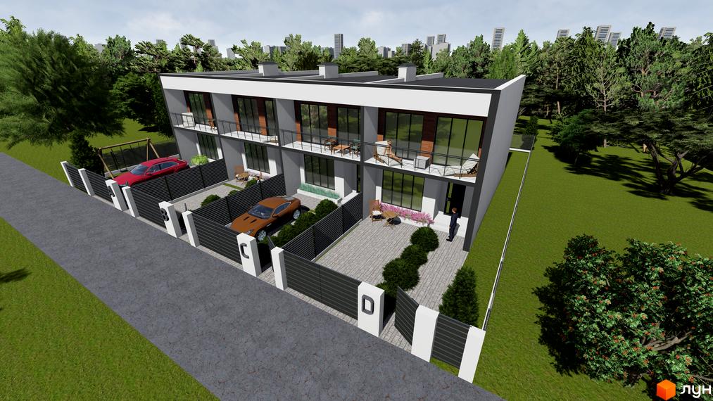 Таунхаус „Озеро“: двоповерховий будинок з великими вікнами та балконами, перед будинком парковка та доріжки з бруківки, огороджені парканом.